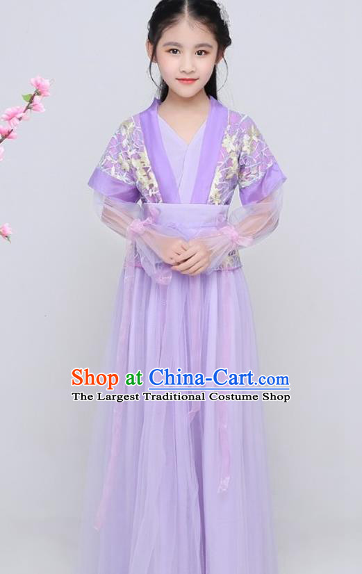 China Ming Dynasty Swordswoman Clothing Ancient Children Garment Costume Traditional Girl Dance Purple Hanfu Dress