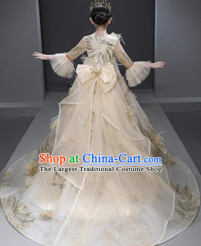 Professional Children Compere Formal Costume Flower Girl Garment Stage Show Fashion Clothing Catwalks Beige Trailing Evening Dress