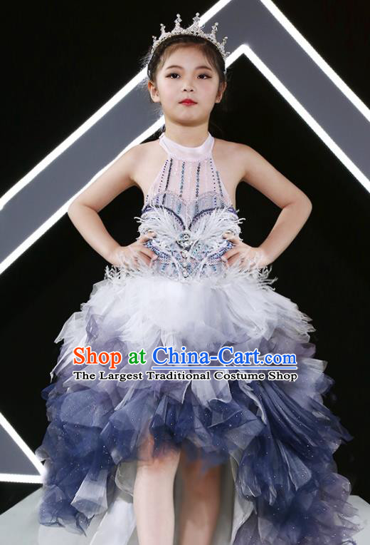 Professional Catwalks Blue Layered Evening Dress Children Compere Formal Costume Girl Piano Performance Garment Stage Show Fashion Clothing
