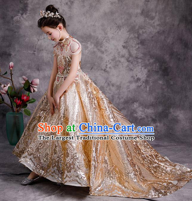 Professional Catwalks Golden Trailing Evening Dress Children Performance Formal Costume Girl Compere Garment Baroque Stage Show Fashion Clothing