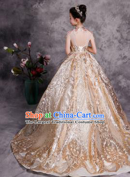 Professional Catwalks Golden Trailing Evening Dress Children Performance Formal Costume Girl Compere Garment Baroque Stage Show Fashion Clothing
