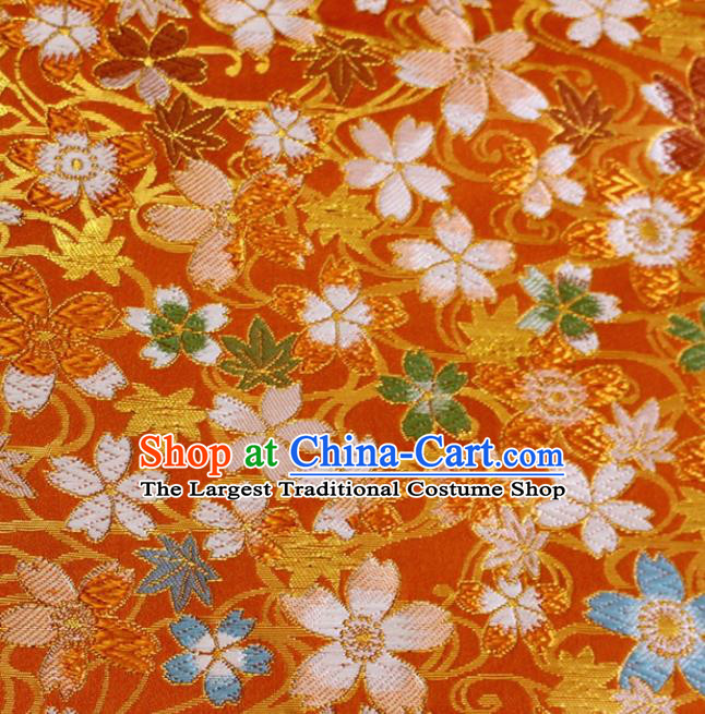 Japanese Nishijin Brocade Traditional Maple Sakura Pattern Orange Satin Drapery Asian Kimono Tapestry Fabric