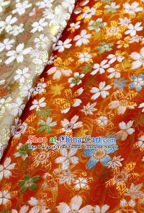 Japanese Nishijin Brocade Traditional Maple Sakura Pattern Orange Satin Drapery Asian Kimono Tapestry Fabric