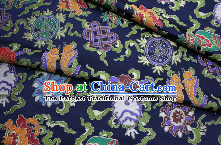 China Mongolian Robe Navy Satin Damask Classical Eight Treasures Pattern Tapestry Traditional Silk Fabric Jacquard Nanjing Brocade