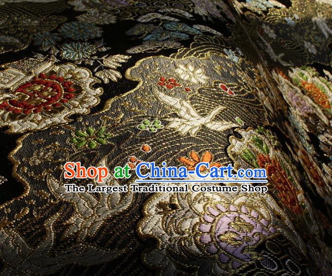 Japanese Kimono Tapestry Fabric Black Nishijin Brocade Asian Traditional Wave Crane Pattern Satin Drapery