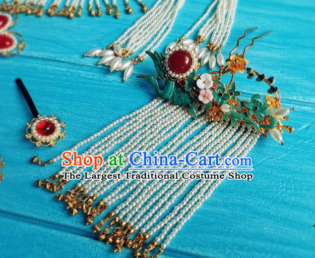 Chinese Ancient Princess Pearls Tassel Hairpin Traditional Wedding Hair Accessories Ming Dynasty Court Lady Cloisonne Hair Stick