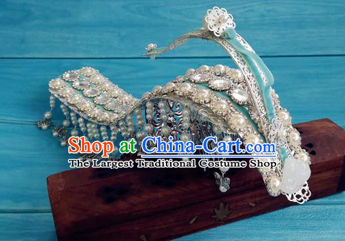 Chinese Qin Dynasty Queen Argent Hair Crown Ancient Empress Jade Hairpins Traditional Hanfu Hair Accessories Complete Set