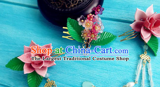 Chinese Song Dynasty Imperial Consort Tassel Hairpins Traditional Hanfu Hair Accessories Ancient Court Woman Pink Lotus Hair Combs