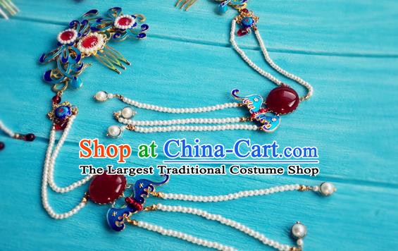 Chinese Ming Dynasty Queen Cloisonne Hairpin Traditional Hanfu Hair Accessories Ancient Empress Tassel Hair Combs Full Set