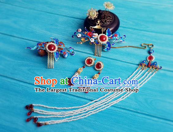 Chinese Ming Dynasty Queen Cloisonne Hairpin Traditional Hanfu Hair Accessories Ancient Empress Tassel Hair Combs Full Set