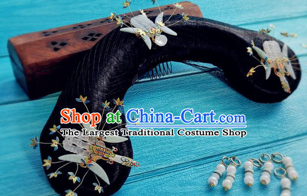 China Traditional Qing Dynasty Imperial Consort Wigs and Jade Hairpins Ancient Manchu Woman Hairpieces Drama Story of Yanxi Palace Charmaine Sheh Headdress