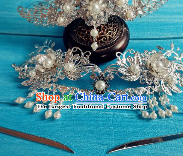 Chinese Tang Dynasty Court Woman Tassel Hairpin Traditional Hanfu Hair Accessories Ancient Imperial Consort Argent Hair Crown