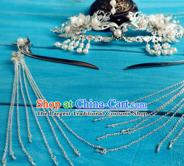 Chinese Tang Dynasty Court Woman Tassel Hairpin Traditional Hanfu Hair Accessories Ancient Imperial Consort Argent Hair Crown