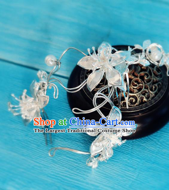 Chinese Ancient Young Lady Argent Orchids Hair Comb Song Dynasty Court Beauty Hairpin Traditional Hanfu Hair Accessories