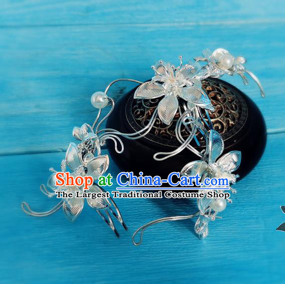 Chinese Ancient Young Lady Argent Orchids Hair Comb Song Dynasty Court Beauty Hairpin Traditional Hanfu Hair Accessories