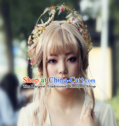 Chinese Ancient Goddess Golden Hair Crown Tang Dynasty Princess Hairpin Traditional Hanfu Pearls Tassel Hair Clasp