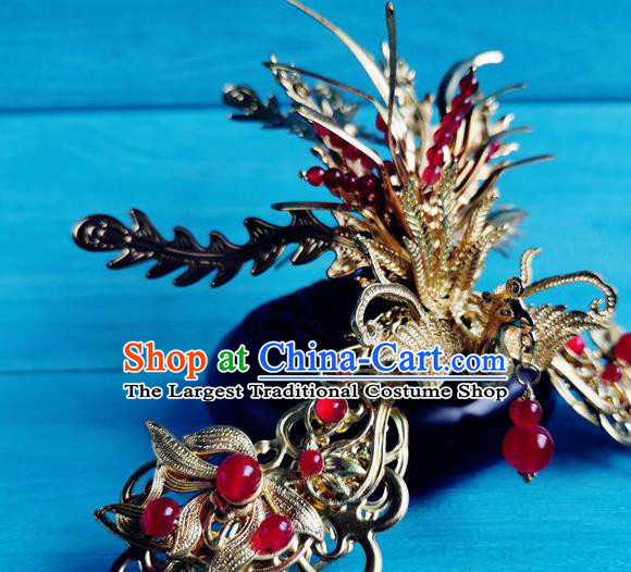 Chinese Traditional Hanfu Hair Accessories Ancient  Queen Golden Phoenix Hair Crown Song Dynasty Empress Cao Danshu Hair Combs