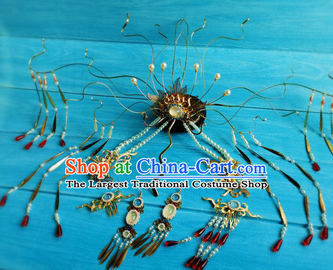 Chinese Ancient Fairy Queen Tassel Hairpins Traditional Hanfu Hair Accessories Jin Dynasty Empress Golden Lotus Hair Crown