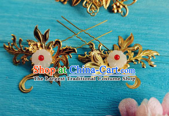 Chinese Tang Dynasty Princess Jade Hair Stick Ancient Palace Lady Golden Hairpins Traditional Hanfu Hair Accessories