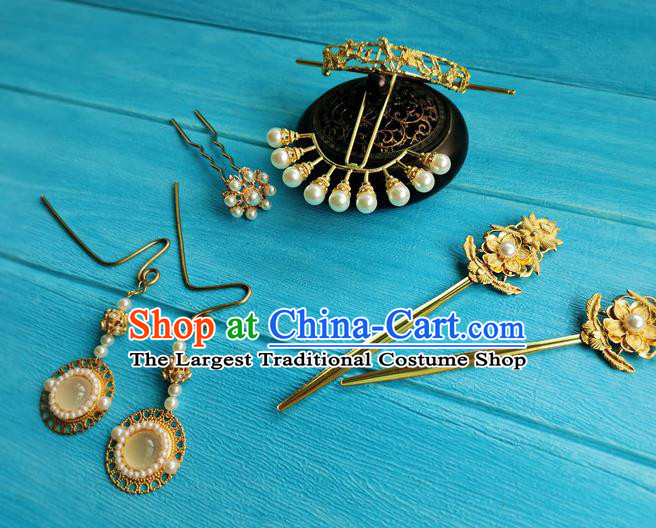 Chinese Traditional Wedding Hanfu Hair Accessories Ming Dynasty Princess Golden Hairpins Ancient Palace Lady Hair Crown Full Set