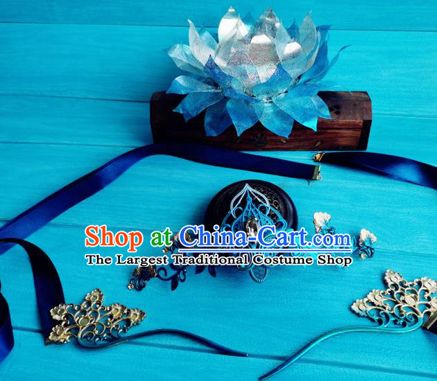Chinese Tang Dynasty Princess Hairpins Ancient Empress Blue Lotus Hair Crown Traditional Hanfu Hair Accessories Full Set
