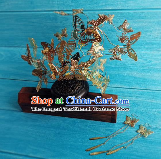 China Traditional Hanfu Golden Butterfly Hair Crown Ancient Shang Dynasty Queen Hairpins Drama Zhao Ge Su Daji Headpieces
