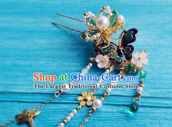 Chinese Ancient Palace Lady Tassel Hairpin Traditional Hanfu Hair Accessories Ming Dynasty Princess Cloisonne Butterfly Hair Clip