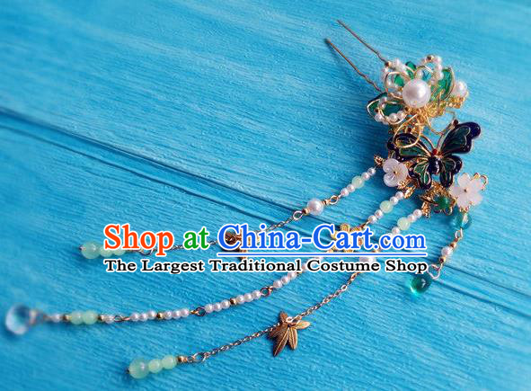Chinese Ancient Palace Lady Tassel Hairpin Traditional Hanfu Hair Accessories Ming Dynasty Princess Cloisonne Butterfly Hair Clip