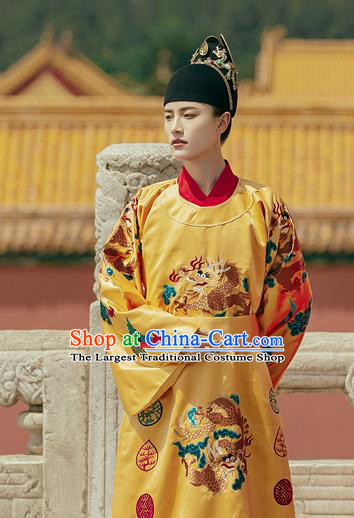China Ancient Emperor Embroidered Yellow Imperial Robe Traditional Hanfu Garments Ming Dynasty Royal Majesty Historical Clothing and Hat