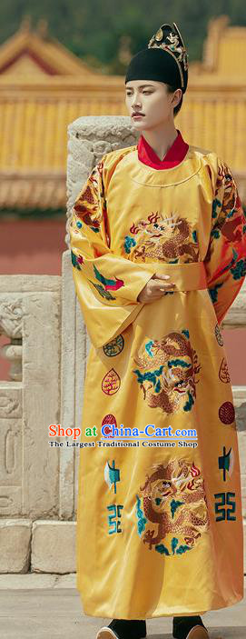 China Ancient Emperor Embroidered Yellow Imperial Robe Traditional Hanfu Garments Ming Dynasty Royal Majesty Historical Clothing and Hat