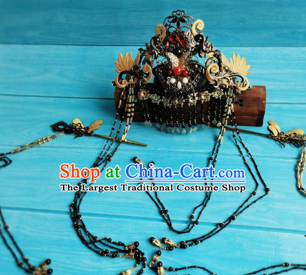 China Traditional Hanfu Black Hair Crown Ancient Goddess Tassel Hairpins Drama The Honey Sank Like Frost Jin Mi Wedding Headdress