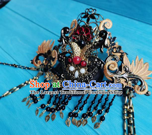 China Traditional Hanfu Black Hair Crown Ancient Goddess Tassel Hairpins Drama The Honey Sank Like Frost Jin Mi Wedding Headdress