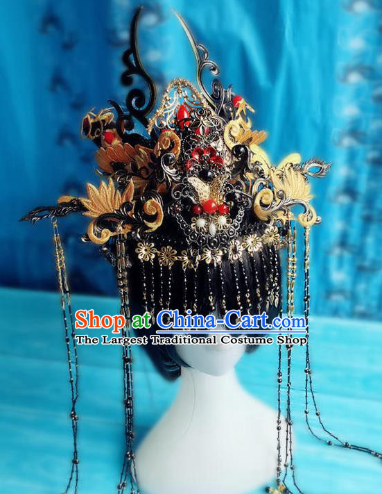 China Traditional Hanfu Black Hair Crown Ancient Goddess Tassel Hairpins Drama The Honey Sank Like Frost Jin Mi Wedding Headdress
