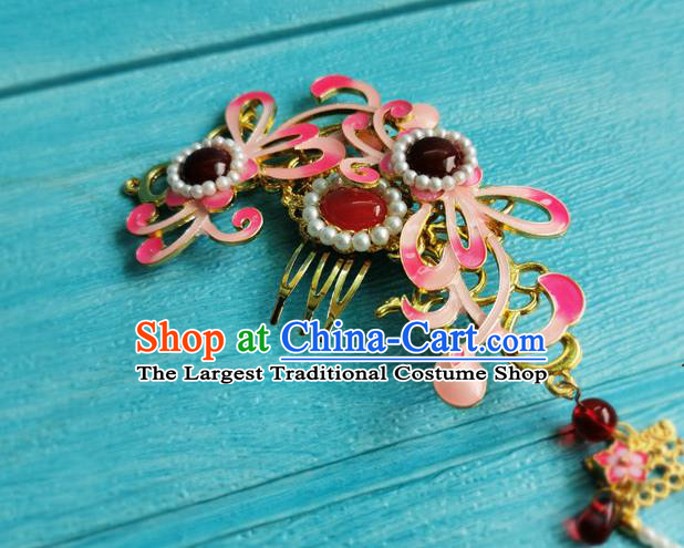 Chinese Ancient Court Woman Red Cloisonne Hairpins Traditional Hanfu Hair Accessories Ming Dynasty Imperial Consort Pearls Tassel Hair Comb