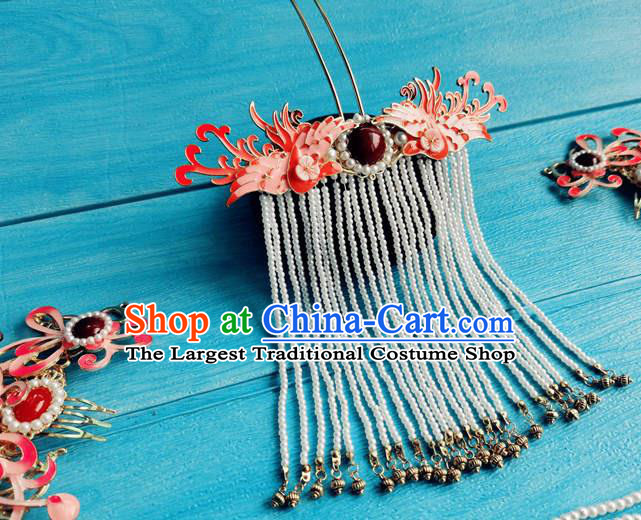 Chinese Ancient Court Woman Red Cloisonne Hairpins Traditional Hanfu Hair Accessories Ming Dynasty Imperial Consort Pearls Tassel Hair Comb