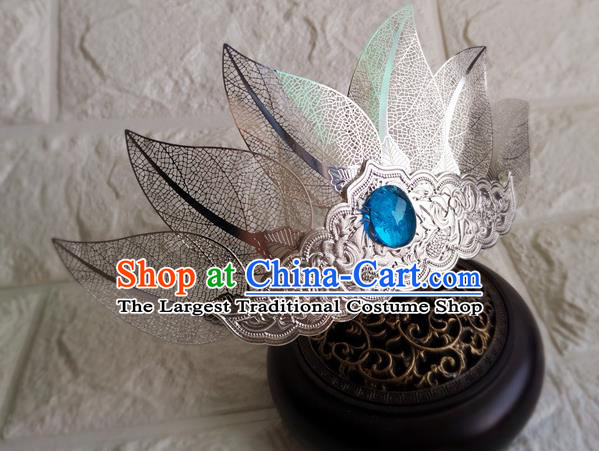 Chinese Traditional Tang Dynasty Prince Hair Accessories Ancient Swordsman Argent Leaf Hairdo Crown