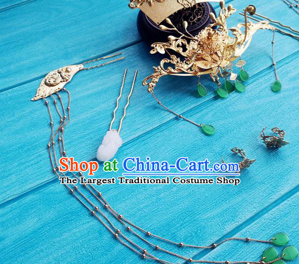 Chinese Tang Dynasty Empress Hairpins Traditional Hanfu Hair Accessories Ancient Imperial Consort Golden Hair Crown Full Set
