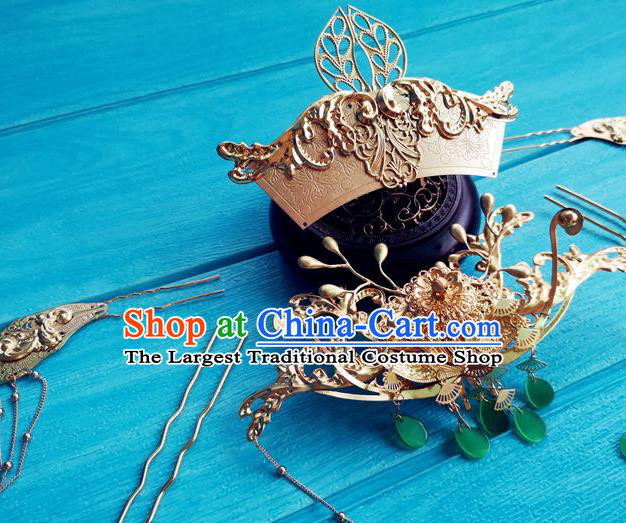 Chinese Tang Dynasty Empress Hairpins Traditional Hanfu Hair Accessories Ancient Imperial Consort Golden Hair Crown Full Set