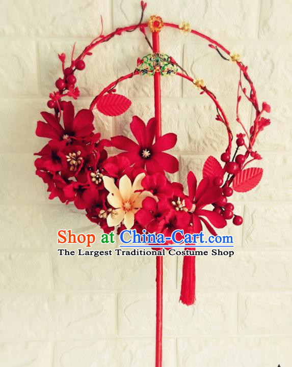 Handmade Chinese Traditional Hanfu Red Flowers Fan Wedding Palace Fan Bride Prop Fan