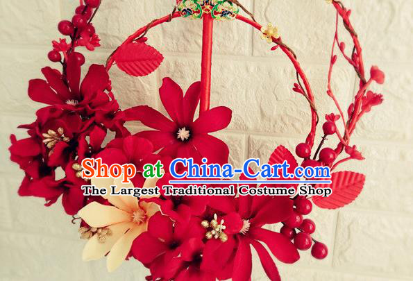 Handmade Chinese Traditional Hanfu Red Flowers Fan Wedding Palace Fan Bride Prop Fan