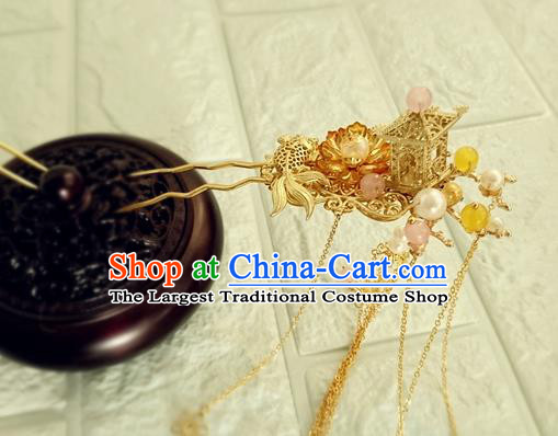 Chinese Ming Dynasty Queen Golden Hair Crown Traditional Hanfu Hair Accessories Ancient Wedding Bride Hairpins