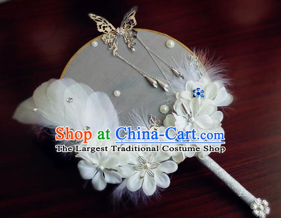 Handmade Chinese Bride Prop Fan Traditional Hanfu Silk Fan Wedding White Feather Palace Fan