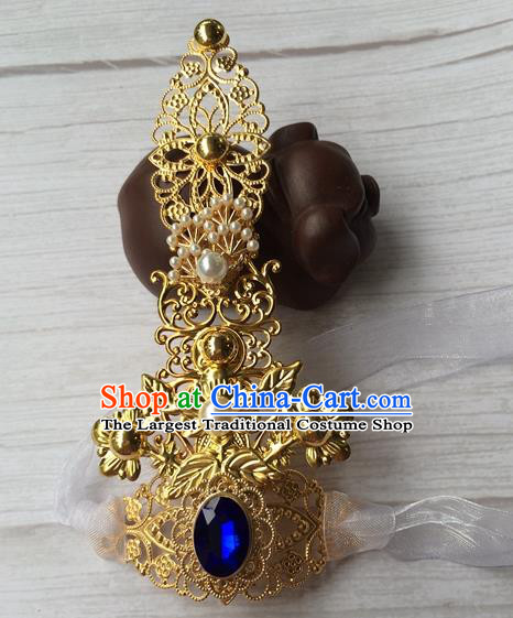 Chinese Traditional Tang Dynasty Prince Pearls Headpiece Ancient Swordsman Golden Hairdo Crown