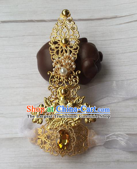 Chinese Ancient Noble Childe Golden Hairdo Crown Traditional Tang Dynasty Swordsman Headpiece