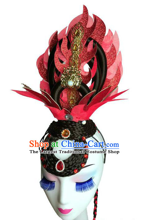 China Traditional Flying Dance Wigs and Red Hair Crown Court Dance Hair Accessories Classical Dance Headdress