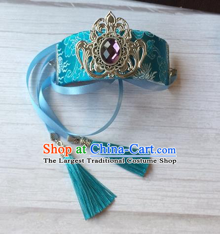 Chinese Chivalrous Expert Pearl Headpiece Traditional Ming Dynasty Young Knight Hair Accessories Ancient Swordsman Blue Hairdo Crown