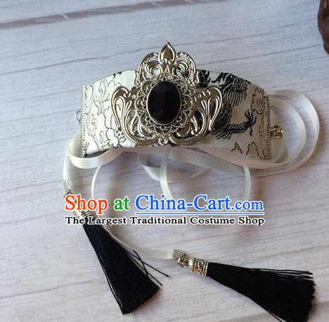 Chinese Ancient Swordsman Black Tassel Hairdo Crown Chivalrous Expert Headpiece Traditional Ming Dynasty Knight Ribbon Hair Accessories