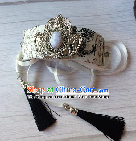 Chinese Ancient Swordsman Black Tassel Hairdo Crown Chivalrous Expert Headpiece Traditional Ming Dynasty Knight Ribbon Hair Accessories