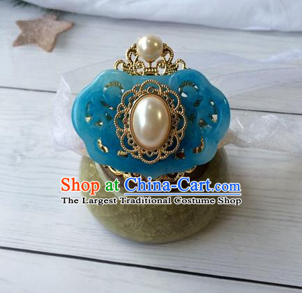 Chinese Ancient Noble Childe Blue Hairdo Crown Classical Swordsman Headwear Traditional Ming Dynasty Prince Hair Accessories
