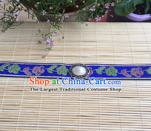 Chinese Traditional Hanfu Embroidered Royalblue Headband Ancient Dowager Countess Headwear Ming Dynasty Elderly Woman Forehead Accessories